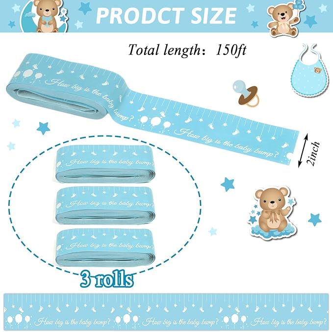 Baby Shower Games for Gender Neutral How Big is Mommys Belly Tape 150 feet Measure Baby Bump Tape Measuring Tape Pregnant Belly Bear Baby Shower Tummy Measuring Tape Party Favors Supplies Blue