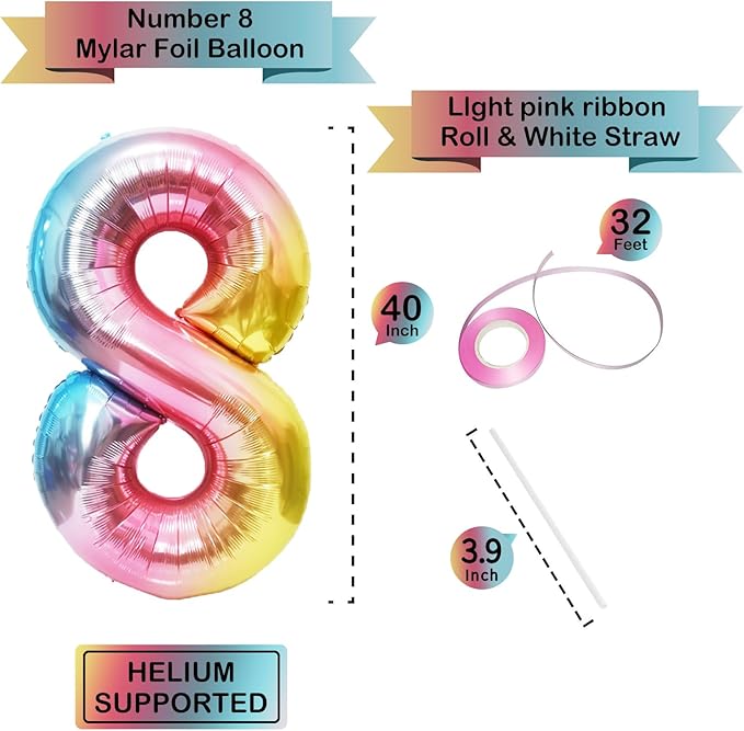 Rainbow Number Balloons Birthday Balloons - Giant Number 8 Balloon 40 inch, Numbers Balloon Birthday Decorations, Rainbow Party Supplies for Baby Shower