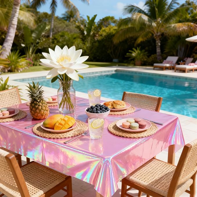3-Pack Pink Iridescent Tablecloths, Holographic Glittering Foil Disposable Tablecloths, 54 inches x 108 inches, Suitable for Birthday, Wedding, and Holiday Party Decorations