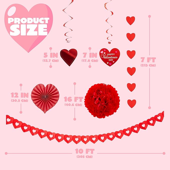 JOYIN 27 Pieces Valentines Day Swirl String Cutout, Decoration Kit with Heart Shaped Garland, Tissue Fans,Tissue Poms, Heart String, Double Swirls and Other for Valentines Party Wedding Anniversary