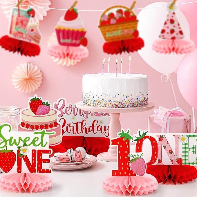 10 PCS Berry First Birthday Decor, Strawberry Theme 1st Birthday Table Centerpiece Strawberry Decorations for Baby Girls Berry Sweet for Party Table Topper Decor