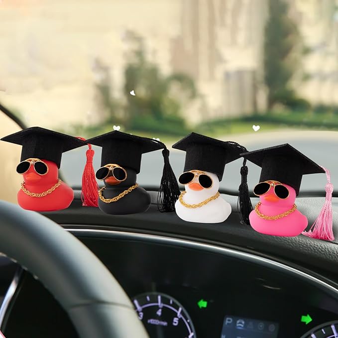 wonuu Car Dashboard Decor Graduation Hat Color Rubber Duck, Car Ducks Ornaments with Mini Graduation Hat Necklace Sunglasses (White)