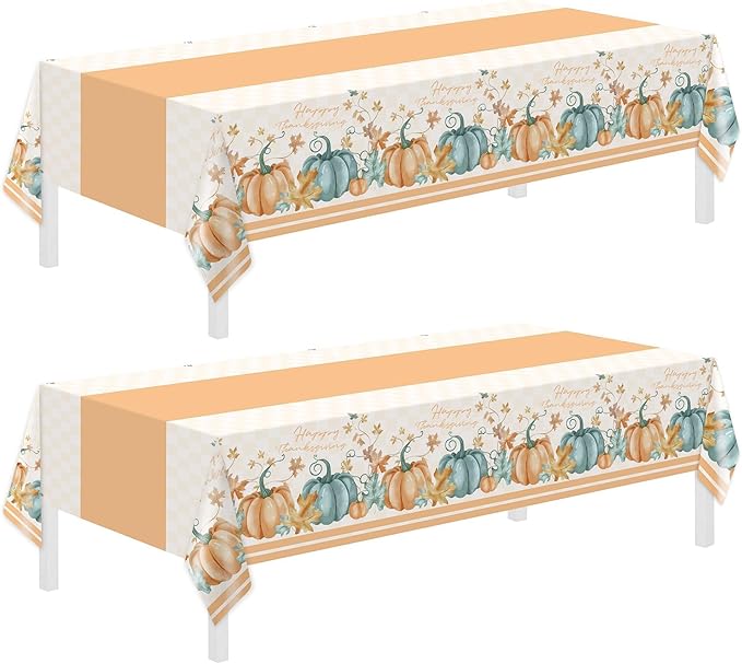 Childom 2 PCS Thanksgiving Disposable Tablecloths,Thanksgiving Decorations 54 x 108 Inch Orange Pumpkin Maple Table Cloths Plastic Table Cover for Rectangle,Home,Parties,Outdoor Picnic,Baby Showering