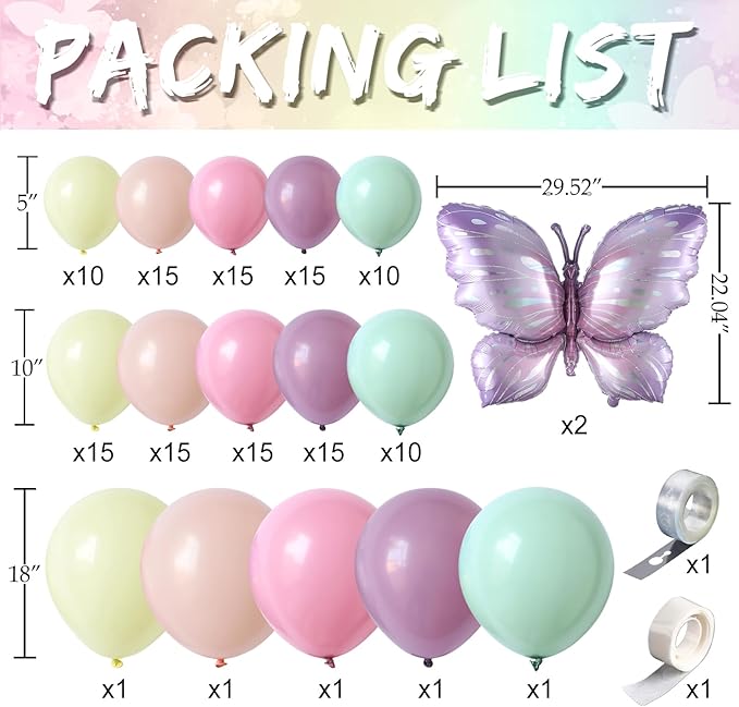 144Pcs Pastel Pink Purple Butterfly Balloon Arch Garland Kit,with Big Butterfly Foil Balloons,for Spring Floral Fairy Wonderland Baby Shower Girl Princess Birthday Tea Party Decorations