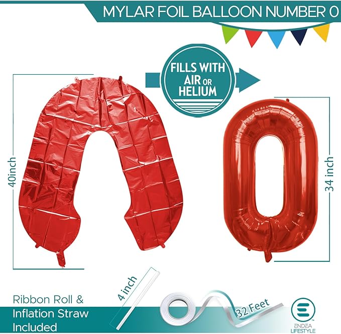 40 Inch Large Red Number Celebration and Decoration Balloon for Birthday Parties, Graduations, Anniversaries, Weddings, Photo Shoots, Special Events - Helium Foil Mylar (Red Number 0)