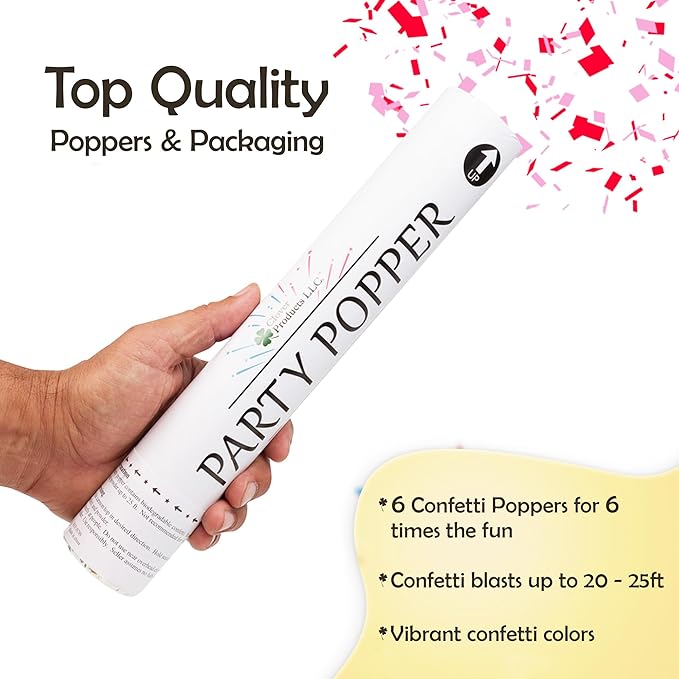 Clover Products 12" Biodegradable Confetti Poppers | 6 Pack | Red & Pink Poppers for Weddings, Birthdays & Events | Air-Powered, Safe & Easy to Use | Shoots 25 Feet for Indoor & Outdoor Celebrations