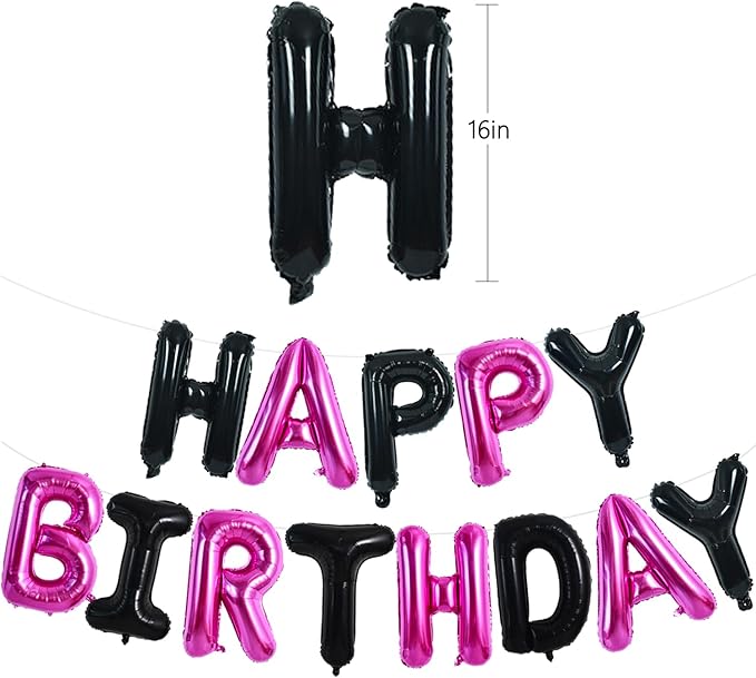 TONIFUL Happy Birthday Balloons Banner 16 Inch Mylar Foil Letters Birthday Sign Reusable for Girls Boys Kids & Adults Birthday Party Decorations Supplies（Black Pink）