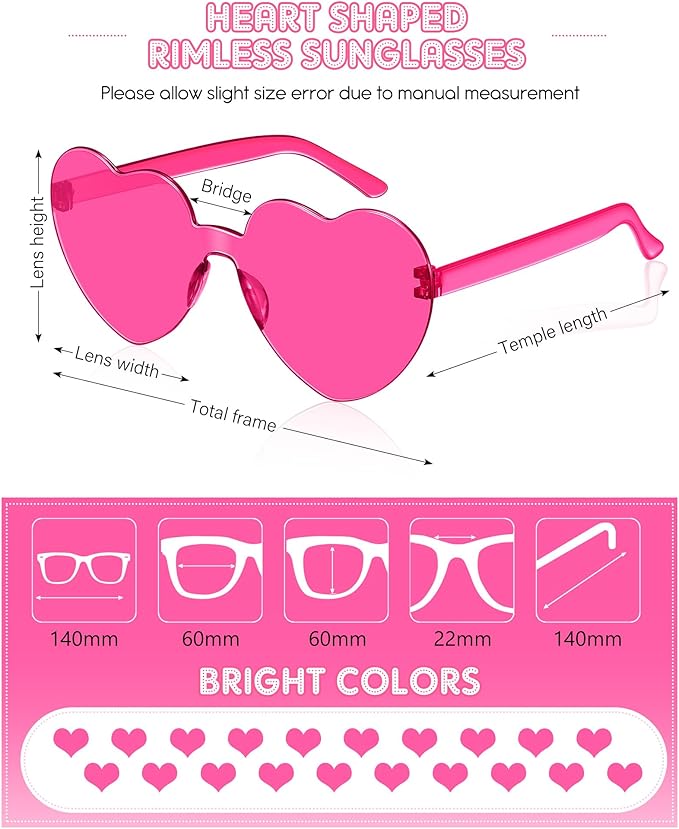 Frienda 20 Pairs Heart Shaped Sunglasses Rimless Candy Color Glasses for Women Men Party Favor