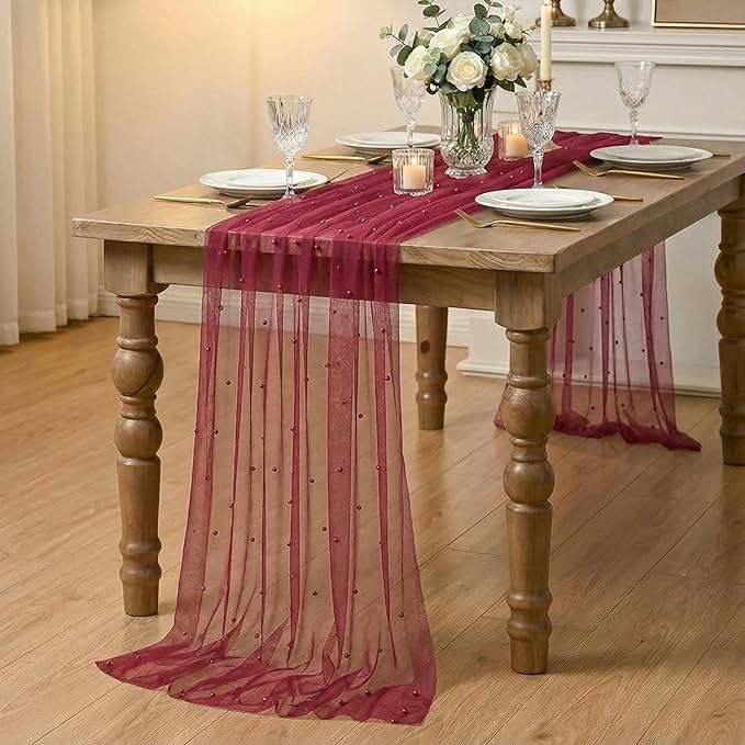 Artoid Mode 6PCS Pearl Burgundy Gauze Table Runner 120 Inch 10FT, Seasonal Sheer Dining Holiday Wedding Birthday Baby Shower Table Decor for Home Party