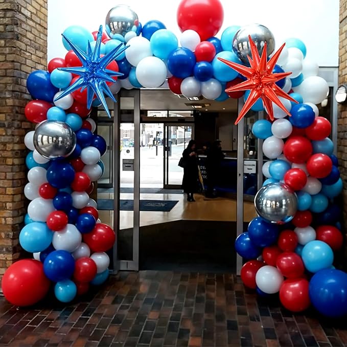 Red Blue Silver Balloon Arch Garland Kit, Red Royal Blue Latex Balloons 4D Ball Explosion Star Foil Balloons for Boys Baby Shower Party Graduation 4th of July Baseball Birthday Party Decor