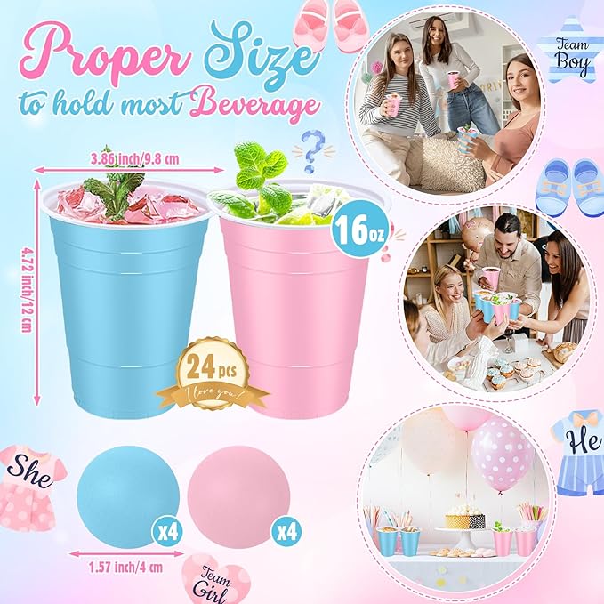 32 Pcs Gender Reveal Party Game Set Include 16oz Pink Blue Plastic Cups with 8 Balls, Cups for Party Decor Juice Beverage Outdoor Toss Game Supplies