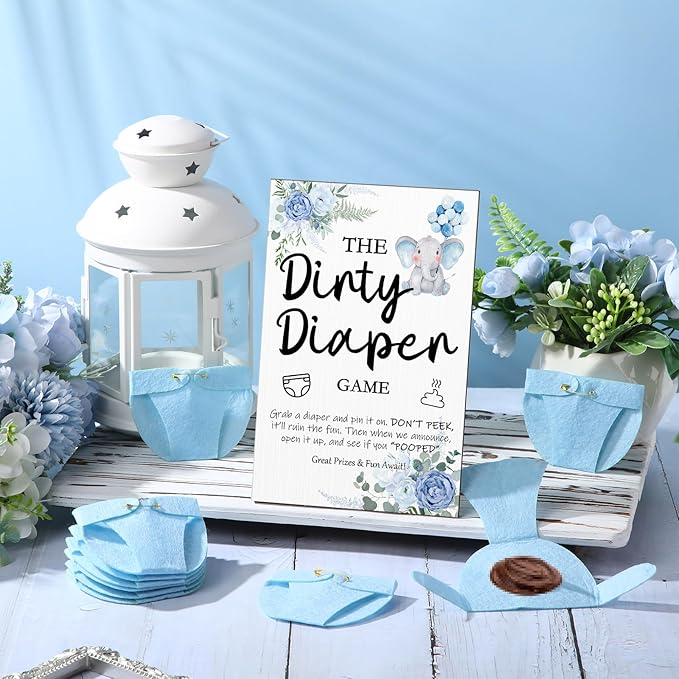 Roowest 51 Pcs Dirty Diaper Baby Shower Games Funny Wooden Sign with 50 Pcs Mini Diapers Cute Felt for Gender Reveal Party Baby Shower(Blue Elephant)