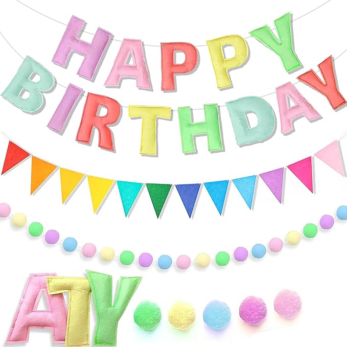 3PCS Pre-Strung 3D Macaron Pastel Felt Happy Birthday Banner Set – Pom Pom Garland & Triangle Bunting, Reusable Happy Birthday Decorations, Felt Happy Birthday Banner & Sign for Girls, Boys & Teens