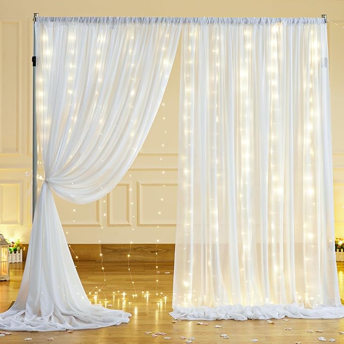 10x10ft White Chiffon Backdrop Curtain with Lights String for Wedding Sheer Tulle Curtain Photo Backdrops Drapes for Baby Shower Birthday Party Home Ceremony Decorations
