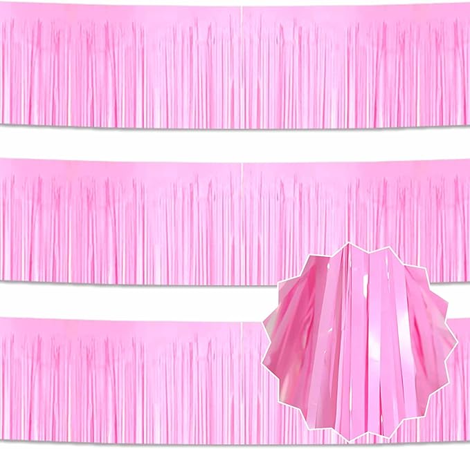 3 Pack 10 Ft Macaron Pink Foil Fringe Garland Metallic Streamers Tinsel Banner Wall Hanging Garland Backdrop for Parade Floats, Halloween, Christmas, Thanksgiving, New Year Party Decorations