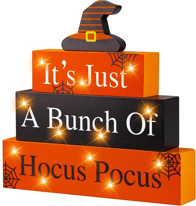 Halloween Wooden Block Sign with Led Lights- Halloween Indoor Decorations Witch Light up Wood Sign Decor for Table Mantle- Halloween Festive Haunted House Farmhouse Home Tabletop Tiered Tray Decor