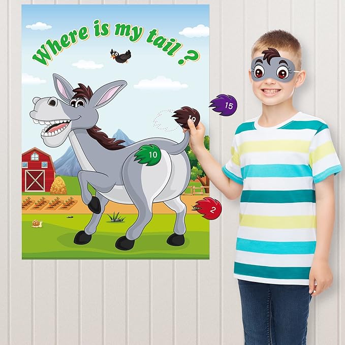 NEBURORA Pin The Tail on The Donkey, Party Game with 30 Pcs Tails for Kids Birthday Party Carnival Circus Christmas Party Supplies