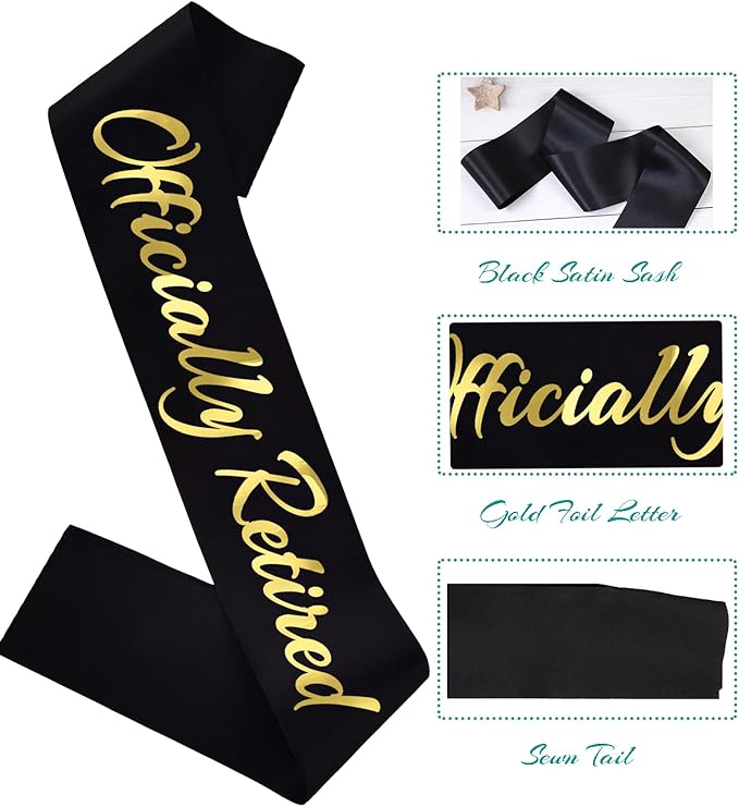Officially Retired Sash, Reitrement Sash for Men and Women Retirement Party Decorations Supplies, Black + Gold(Officially Retired)