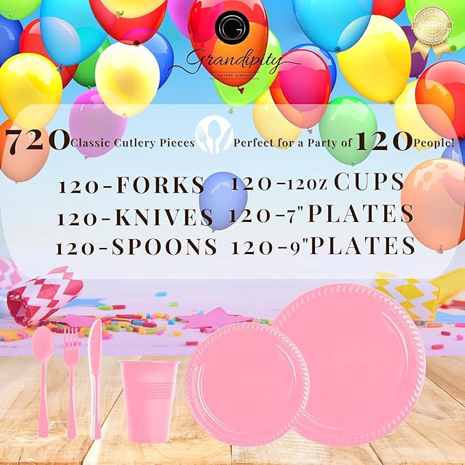 Grandipity 720 Piece Disposable Dinnerware Set, Plastic Dinnerware Set Includes 120 Count 9' Dinner Plates, 7' Dessert Plates, 12oz Cups, Forks, Knives & Spoons - Pink