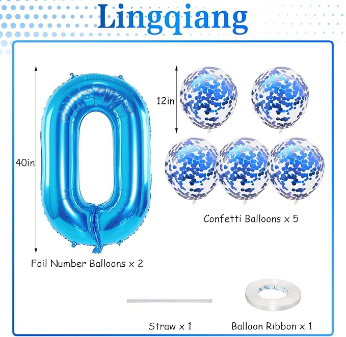 40 Inch Number 50 Foil Balloons Set, Blue 50th Birthday Balloons with Blue Confetti Balloons, Giant Number 5 and 0 Helium Balloons Self Inflating for Men Women 5th Anniversary Party Decorations