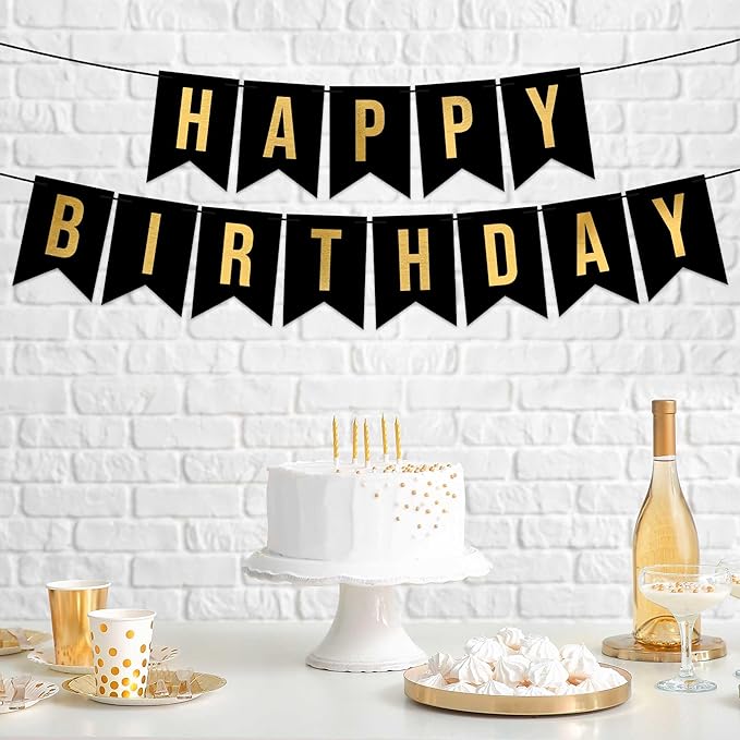 Pre-strung Happy Birthday Banner - No DIY - Black Birthday Party Banner with Gold Letters - Pre-strung on 8 ft Strands - Black Bday Party Decorations & Decor for Men & Women. Did We Mention No DIY