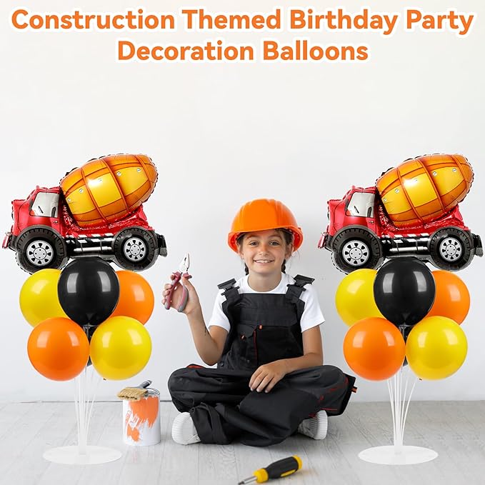 Construction Party Balloons Stand Kit 2 Sets with 2 Construction Truck Foil Balloons Black Orange Yellow Party Balloon Centerpiece for Tables for Boy Girl Excavator Birthday Baby Shower Parties Decor