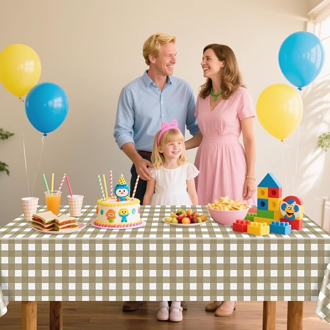 4 Pack Khaki Tablecloths, Khaki and White Checkered Tablecloths 86 x 51 Inches Gingham Tablecover Rectangular Waterproof Picnic Table Covers for Birthday Party Supplies