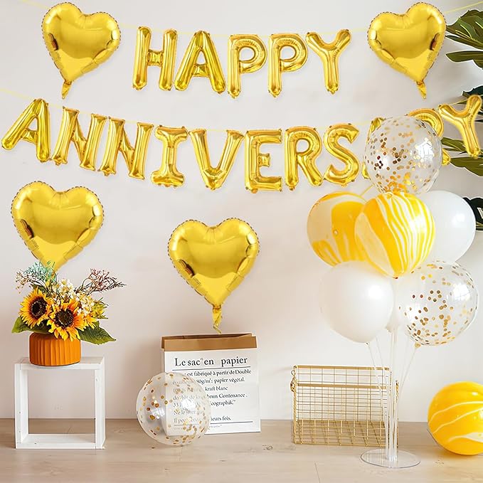 2 Set 16Inch Happy Anniversary Balloons Letters Banner, Happy Anniversary Decorations, Happy Anniversary Balloons Sign for Valentines Day/Wedding Anniversary Party Decorations (Gold Happy Anniversary)