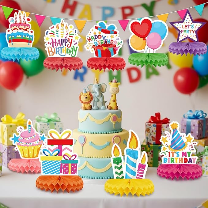 9 Pieces Birthday Table Decorations, Happy Birthday Decorations & Table Centerpieces for Kids Party Supplies, Colorful Honeycomb Table Toppers for Birthday Party