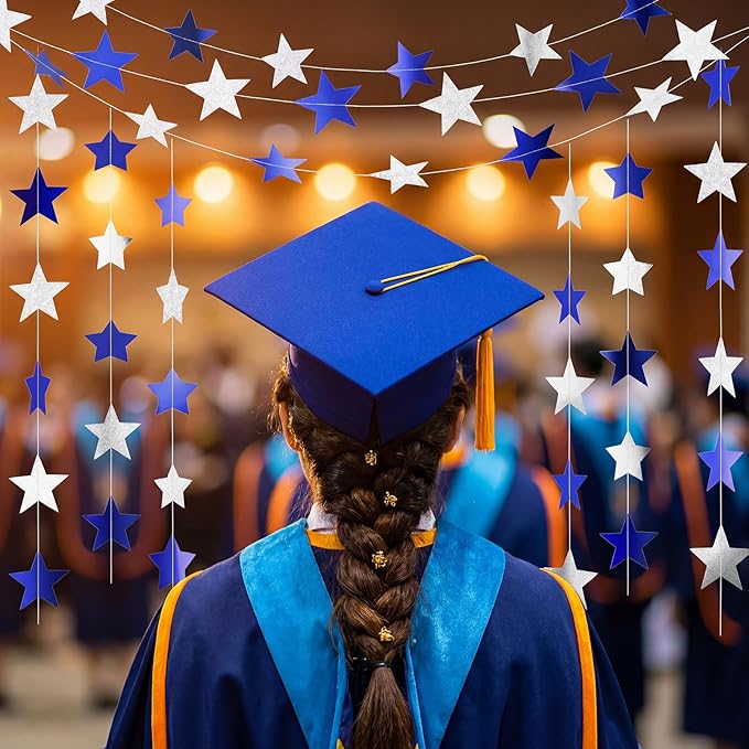Spakon 65 Feet Glitter Star Shaped Paper Garland Banner Hanging Decoration Star Streamer Double Side 2026 Graduation Decorations for Wedding Birthday New Year Party Decoration(Silver and Blue)