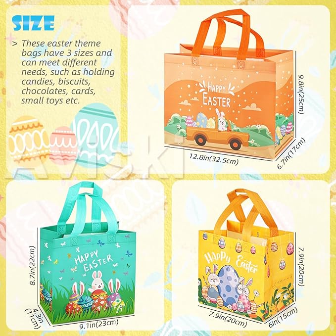6PCS Happy Easter Egg Hunt Bags, Assorted Sizes Easter Bunny Carrot Chick Egg Gift Bags with Handles, Easter Treat Bags, Multifunctional Non-Woven Easter Bags for Gifts Wrapping, Egg Hunt Game, Easter