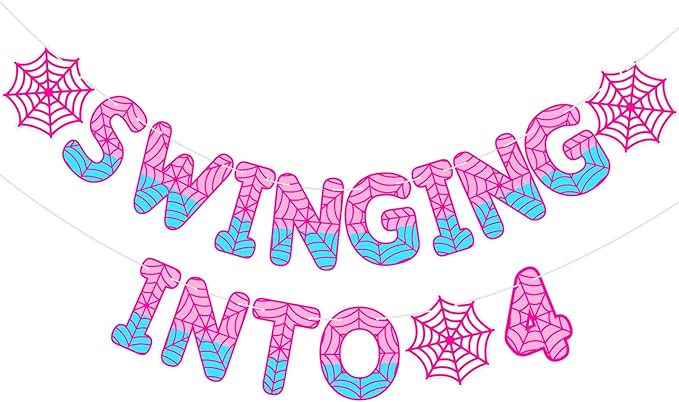 TaoBary Spider Theme 4th Birthday Banner, Pre-strung Swinging into 4 Banner, Spider 4th Birthday Decorations Party Supplies for Kids, Fourth Decor for 4 Year Old Boys Girls (Pink and Blue)