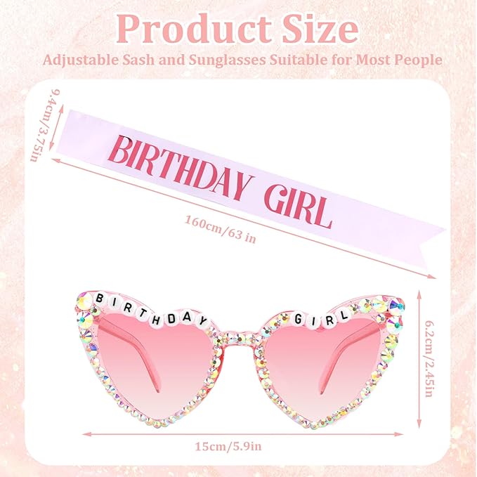 Birthday Girl Sash & Glasses Set, Birthday Sash for Women Girls, White & Pink Happy Birthday Decorations Outfits Accessories Party Favors Set for Women Girls