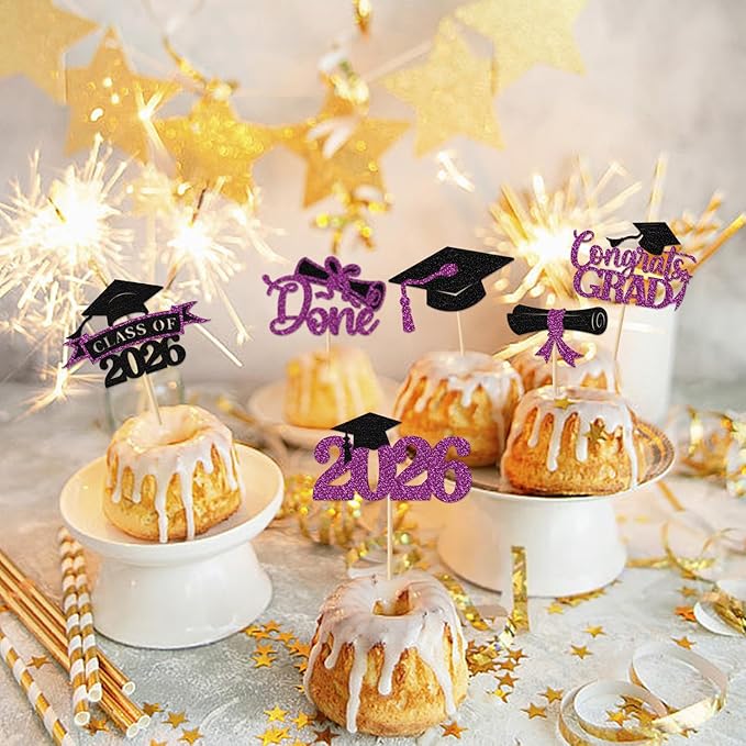 2026 Graduation Cupcake Toppers, 36 pack Purple Glitter Class of 2026 Congrats Grad Diploma Grad Cap Cupcake Picks for 2026 Graduation Party decorating Supplies
