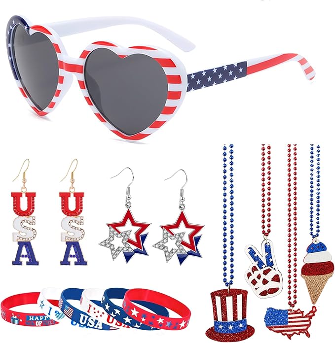 4th of July Bulk Patriotic Party Accessories.Independence Day Supplies Include Patriotic Sunglasses Drop Earrings Necklaces Bracelets.Red White Blue Party Accessories and Memorial Day Parades Supplies