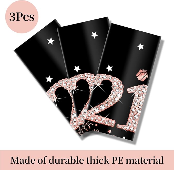3 Pack Rose Gold 21st Birthday Tablecloth Decorations for Women Girls, Happy 21st Birthday Theme Table Cover Party Supplies, Plastic Disposable Rectangular Table Cloth Decor