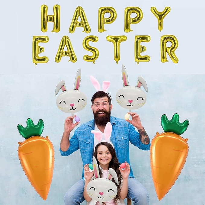 Easter Balloons Gold Happy Easter Letter Balloon Bunny Balloons Carrot Balloon for Rabbit Themed Party Birthday Party Supplies Decorations Party Balloon Sets-16 PCS