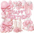 102 PCS Pink Birthday Balloon Decorations Kit, Happy Birthday Banner with Foil Letters, Bow Balloons, Latex Balloons, Ribbon & Glue Dots for Girls Birthday Party Decorations, Baby Shower, Anniversary