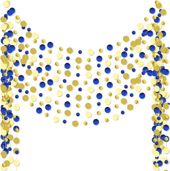 Outus 10 Pieces Blue,Gold Round Dots Garland Easter Graduation Party Hanging Decor Each Length 13.1ft Glitter Paper Dot Streamers for Birthday Wedding Classroom