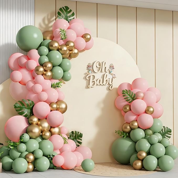 Spring Balloon Garland Arch Kit 160Pcs Sage Green Pink and Gold Latex Balloons for Baby in Bloom Baby Shower Bridal Shower Wedding Jungle Safari Woodland Birthday Party Decorations
