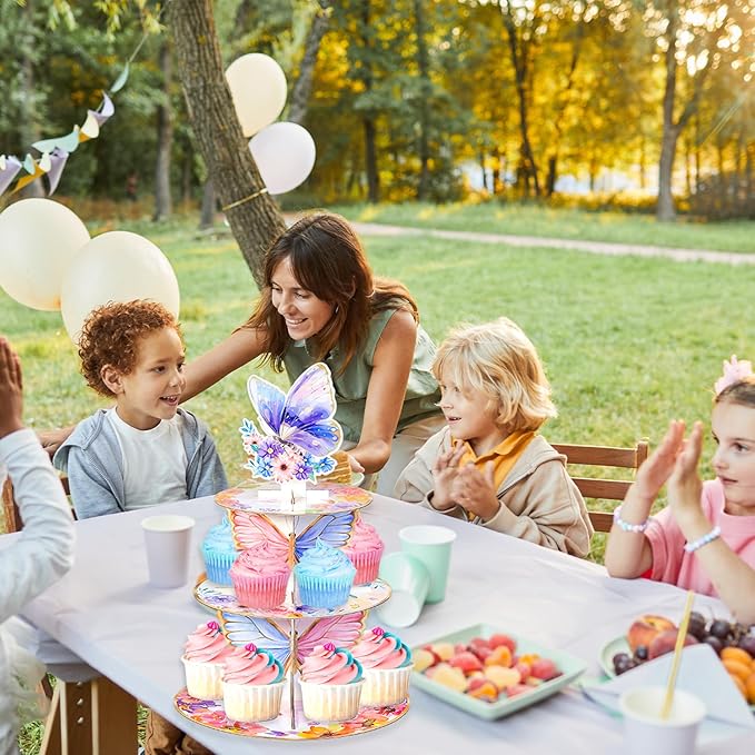 Butterfly Cupcake Stand,3 Tier Cupcake Tower,Butterfly Decorations with Floral Crown for Birthday Wedding Baby Shower Party Supplies Pink Purple Butterfly Dessert Cake Tower Stand