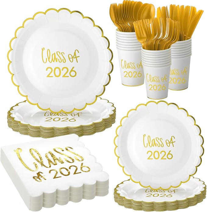 Class of 2026 Graduation Party Supplies, 175 Pcs Congrats Grad Paper Plates Napkins and Cups Cutlery Disposable Tableware Set for College High School Congrats Decorations, Serves 25 (Gold)