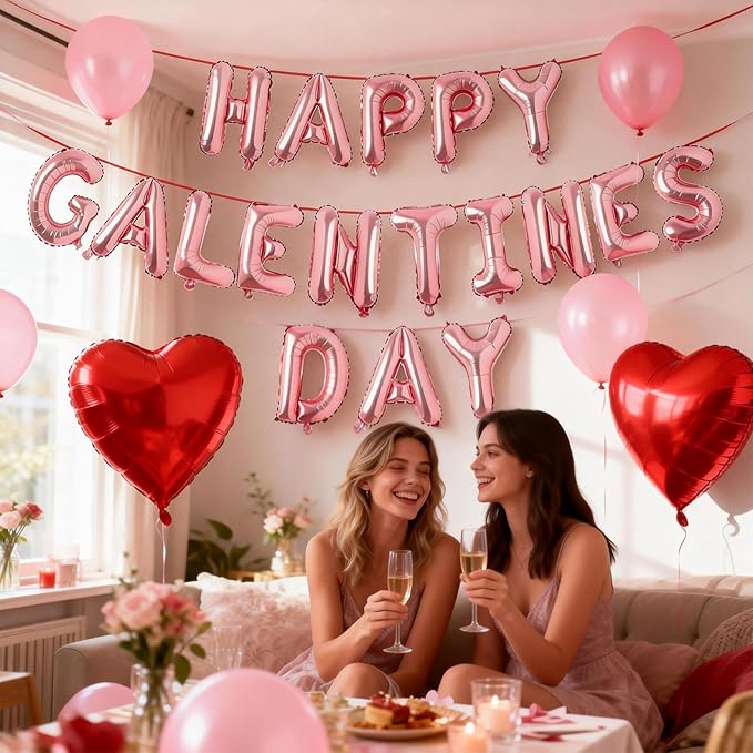 Happy Galentines Day Balloons Banner, 16 Inch Pink Galentine Letters Balloons Decorations 18 Inch Red Heart Foil Mylar Balloon for Women Ladies Galentine's Valentines Day Party Decoration Supplies