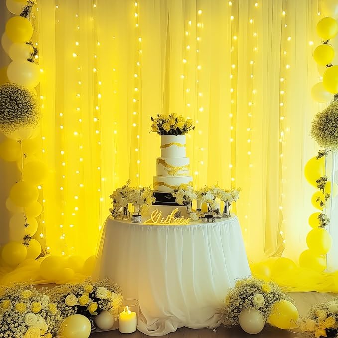 30ft x 10ft Yellow Backdrop Curtain with Lights String for Parties, Sheer Tulle Wedding Photo Backdrops Drapes for Baby Shower Birthday Party Decorations Background for Photography