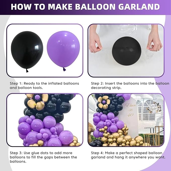 Purple and Black Balloon Garland Arch Kit, Black and Purple Balloon Garland Kit, 100 Pcs Latex Balloons Different Sizes 18/12/10/5 inch for Graduation Wednesday Themed Party Decorations