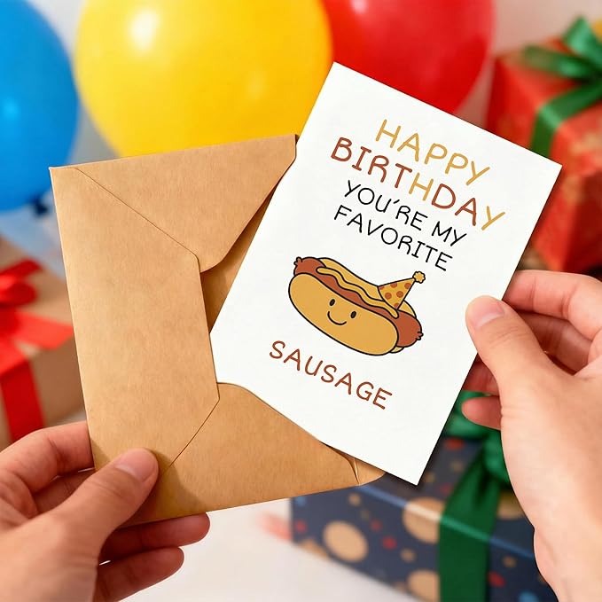 KINGNAME Funny Cute Birthday Card for Him, Hot Dog Pun Card, Favorite Sausage Cute Food Pun for Boyfriend Husband Partner