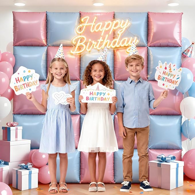 50Pcs Light Pink and Light Blue Square Foil Balloons Wall Backdrop, Double Sided Metallic Foil Balloons Tunnel Arch Garland Kit for Photo Booth Birthday Wedding Halloween Christmas Party Decorations