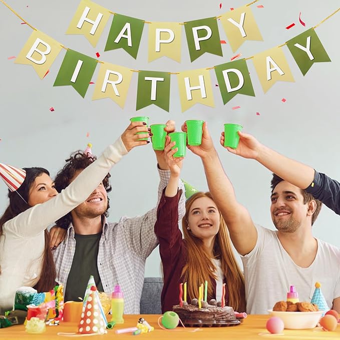 Happy Birthday Banner Birthday Party Banner NO DIY Happy Birthday Sign Pre-Strung Birthday Hanging Decoration for Women Men Girl Boy Party Supplies (Brown Green)