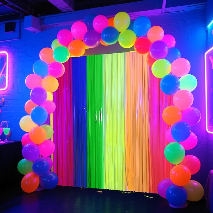 4 Packs Glow in the Dark Foil Fringe Curtain, Macaron Rainbow Blacklight Reactive Fluorescent Tinsel Backdrop Neon Luminous Streamers for Birthday, Wedding, Neon Party, Glow Party Decorations Supplies