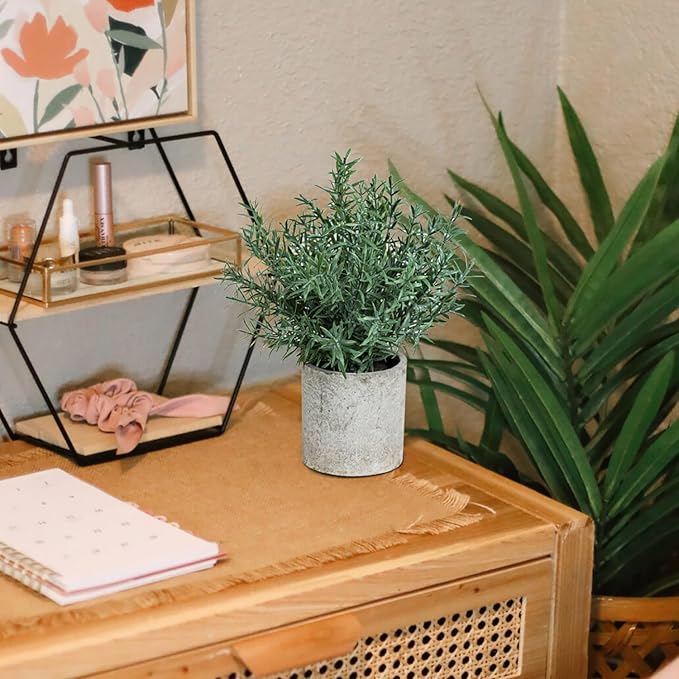 2 Pack Small Fake Plants Rosemary Potted Artificial Plants for Shelf Desk Home Bathroom Farmhouse Room Coffee Table Decor (Green)